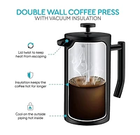 Belwares French Press Coffee Maker – Insulated Stainless Steel 304 Spoon, Double Wall, & 4 Level Filtration System