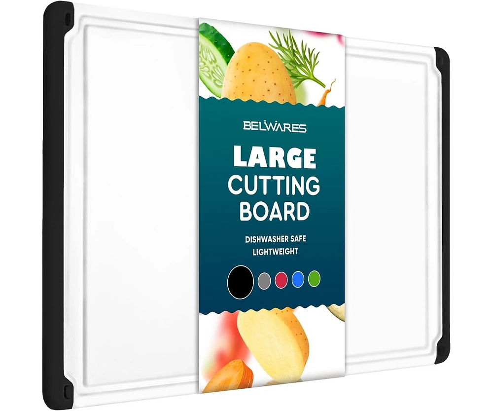 Belwares Plastic Cutting Boards for Kitchen - Large 18 x 12 Inch Rubber Board with Juice Grooves, Non-Slip, Dishwasher Safe