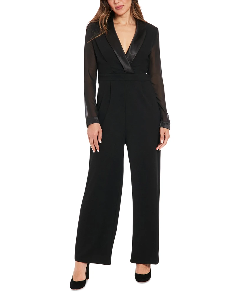 London Times Women's Tuxedo Chiffon-Sleeve Jumpsuit