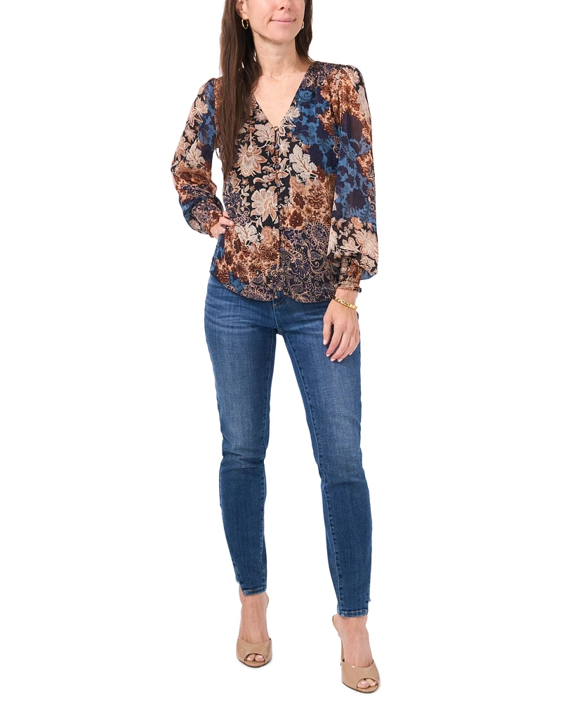 Sam & Jess Petite V-Neck Smocked-Trim Long-Sleeve Top