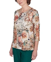 Alfred Dunner Petite Center Lace Floral-Print Top