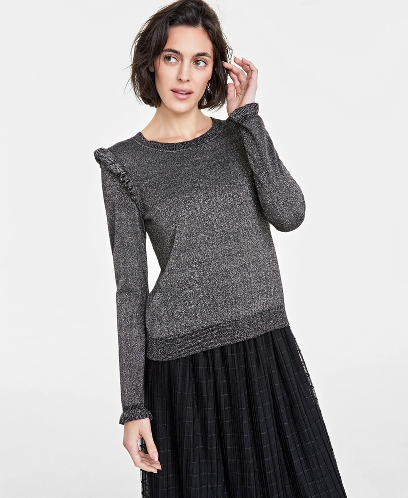 On 34th Women's Ruffle-Trim Crewneck Lurex Sweater, Created for Macy's