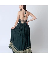 Raas Women's Green Silk Maxi Dress with Golden Weaving Border