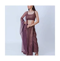 Raas Women's Purple Shimmery Pleated Skirt and Embellished Crop Top Set