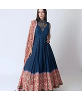 Raas Women's Blue Anarkali Suit with Hand Embroidery on the Torso and Patola Print Hem