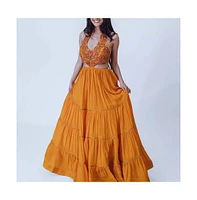 Raas Women's Hand Embroidered Tiered Yellow Gown with Cutouts