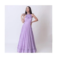 Raas Women's Lilac Gown Dress with Chikankari Embroidery