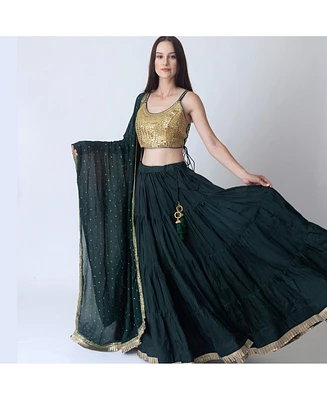 Raas Women's Green and Gold Lehenga Choli Set with Mirror Work Blouse Embellished Dupatta