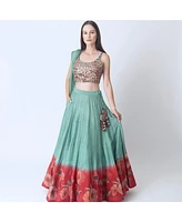 Raas Women's Mint Green Lehenga Choli Set with Shaded Floral Patchwork Skirt and Mirror Work Blouse