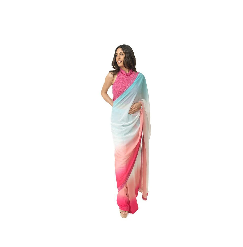 Raas Women's Shaded Silk Pre-Draped Saree with Hand Embroidered Blouse