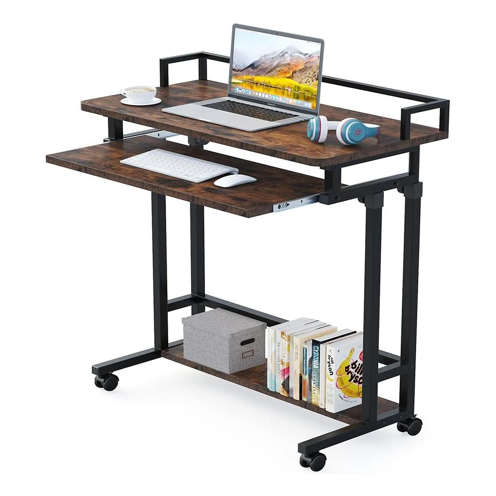 Tribesigns Compact Portable Desk with Adjustable Height,Mobile Couch Sofa Table with Pull Out Keyboard Tray and Storage Shelf for Laptop,Computer Cart