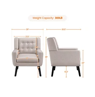 Yaheetech Linen Fabric Upholstered Button Tufted Armchair with Solid Wood Legs with Thick Removable Seat Cushion, Beige