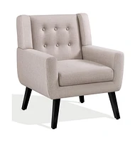 Yaheetech Linen Fabric Upholstered Button Tufted Armchair with Solid Wood Legs with Thick Removable Seat Cushion, Beige