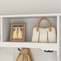 Famapy 68.5 in. White Wood 3-in-1 Hall Tree Coat Rack Storage Bench with 4-Metal Double Hooks and 2-Drawers, Shelves