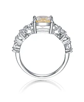 Genevive Sterling Silver Canary Yellow & White Cubic Zirconia Radiant Leaf Trellis Cluster Statement Ring