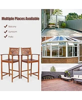 Sugift 2 Pieces Outdoor Acacia Wood Bar Chairs with Sunflower Backrest and Armrests