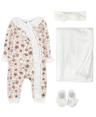 Baby Essentials Baby Girl Floral Coverall, 4-Piece Set