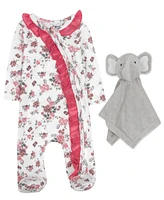 Baby Essentials Girl Floral Footie with Elephant Snuggler, 2-Piece Set