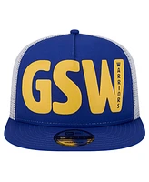 New Era Men's Royal Golden State Warriors Puff Print Team Code A-Frame 9FIFTY Trucker Snapback Hat