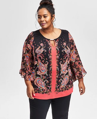 Jm Collection Plus PrintED Wide-Sleeve Top, Exclusively at Macy's