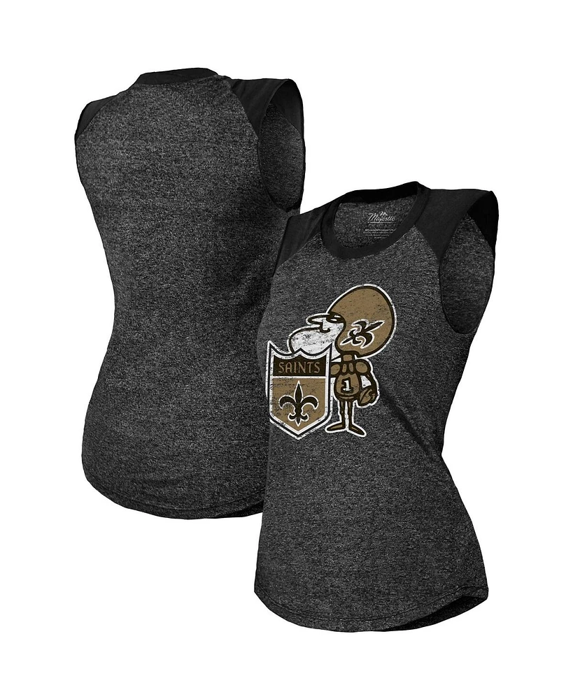 Majestic Women's Black New Orleans Saints Retro Tri-Blend Raglan Muscle Tank Top