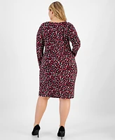 Kasper Plus Printed Boat-Neck Long-Sleeve Dress