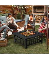 Skonyon 32 Inch 3 in 1 Outdoor Square Fire Pit Table with Bbq Grill and Rain Cover for Camping