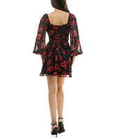 B Darlin Juniors' Floral-Print Sheer-Sleeve A-Line Dress