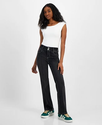 Indigo Rein Juniors' High-Rise Seam-Front Bootcut Jeans