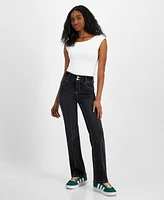 Indigo Rein Juniors' High-Rise Seam-Front Bootcut Jeans