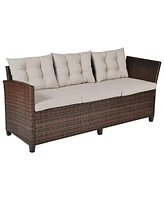 Sugift 3 Pieces Hand-Woven Rattan Outdoor Sofa Set with Dining Table
