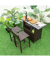 3 Pieces Outdoor Wicker Bar Set with 3 Rows Stemware Racks