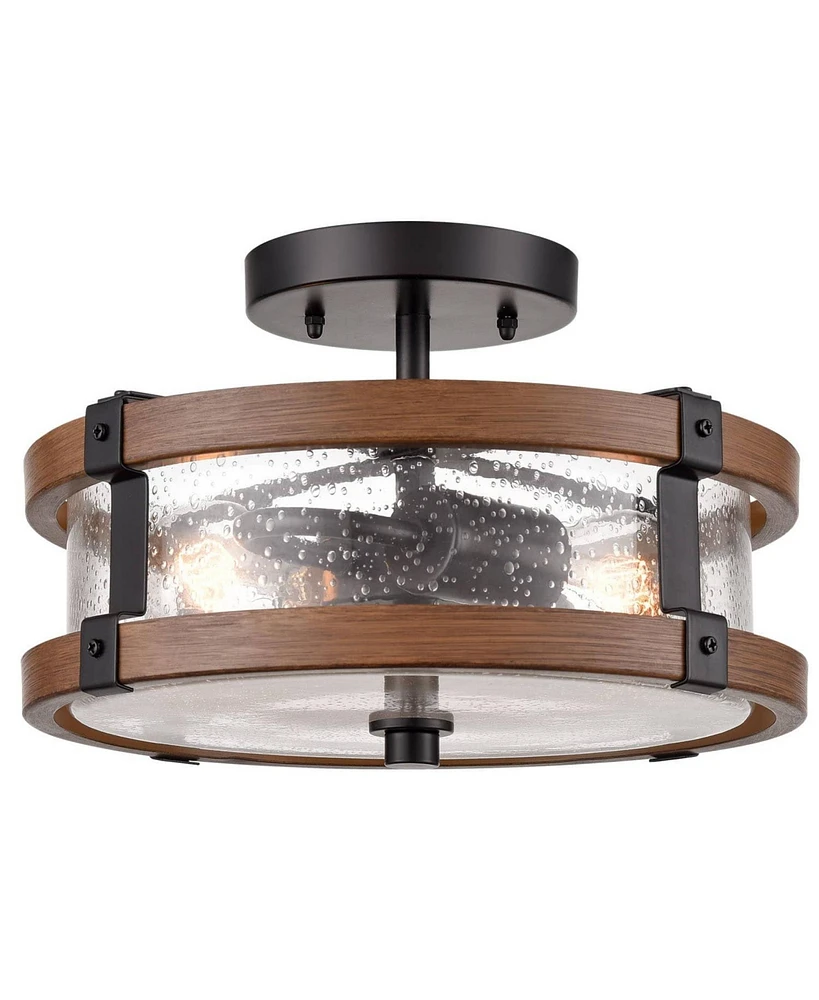 Moose 2-Light Farmhouse Wood Grain Paint with Black Metal Semi Flush Mount Ceiling Light with Seeded Glass