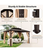 Sugift 10x13ft Double-Roof Patio Hardtop Gazebo with Galvanized Steel Roof Netting and Curtains-Coffee