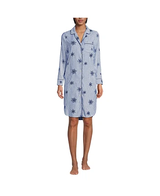 Lands' End Women's Drapey Flannel Long Sleeve Button Down Knee Length Sleepshirt Nightgown