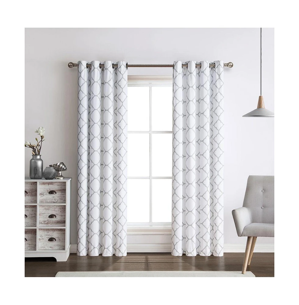 Kate Aurora 2 Pack: Thermal Lined Gray & White Trellis Grommet Blackout Curtains