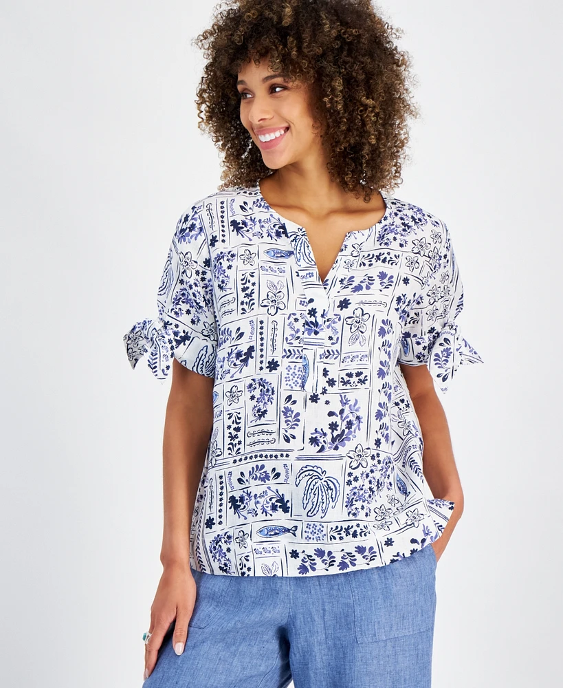 Charter Club Women's Ceramic-Print Split-Neck Linen Shirt, Created for Macy's