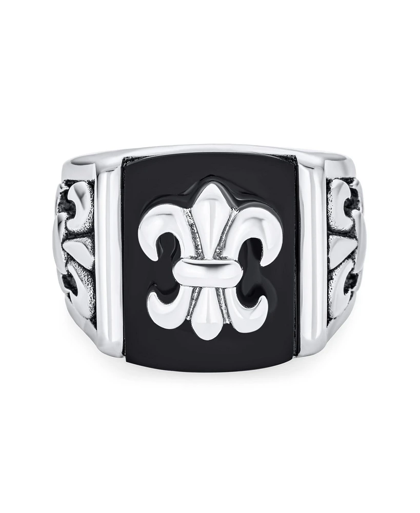 Bling Jewelry Black Fleur De Lis Square Signet Ring Silver Tone Stainless Steel