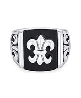 Bling Jewelry Black Fleur De Lis Square Signet Ring Silver Tone Stainless Steel