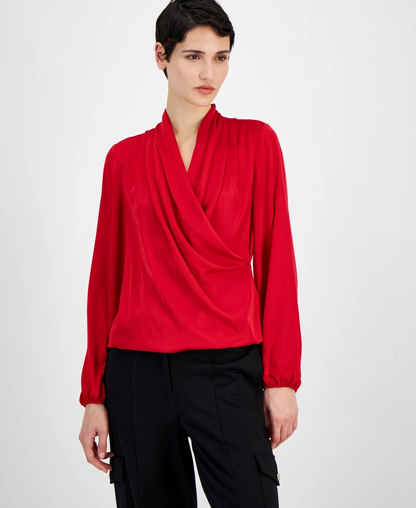 T Tahari Women's Draped Surplice-Neckline Faux-Wrap Blouse