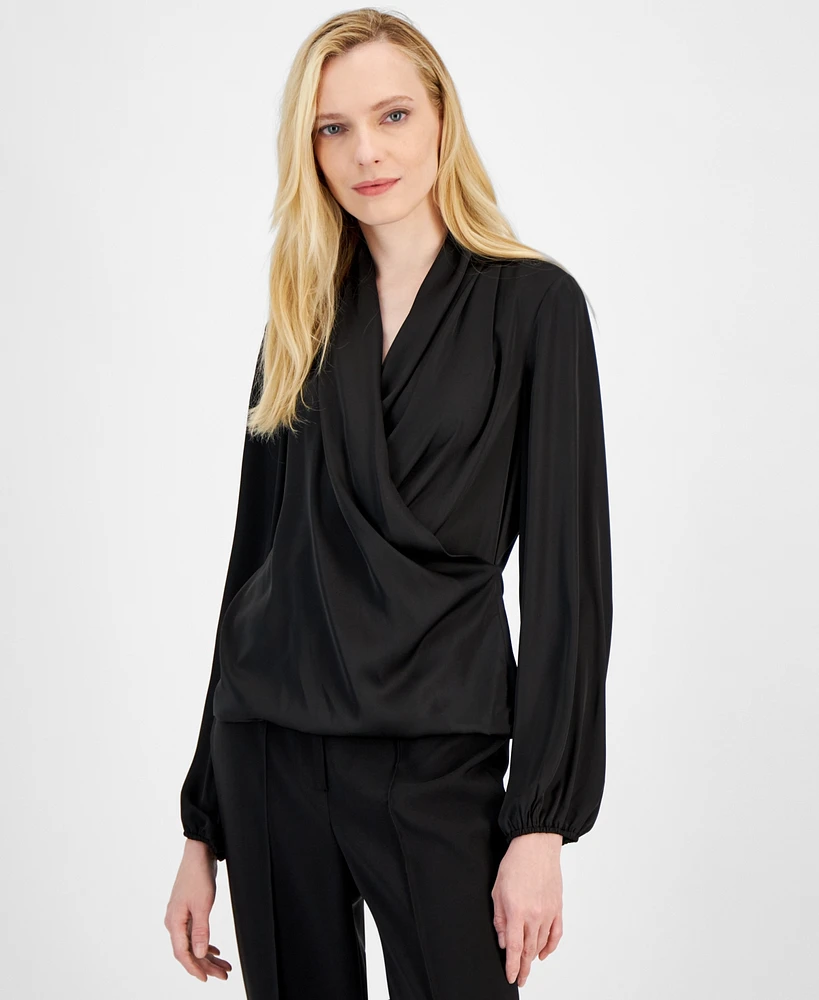 T Tahari Women's Draped Surplice-Neckline Faux-Wrap Blouse