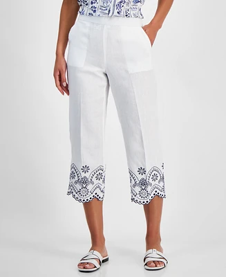 Charter Club Women's Linen Eyelet-Trim Cropped Pants, Created for Macy's