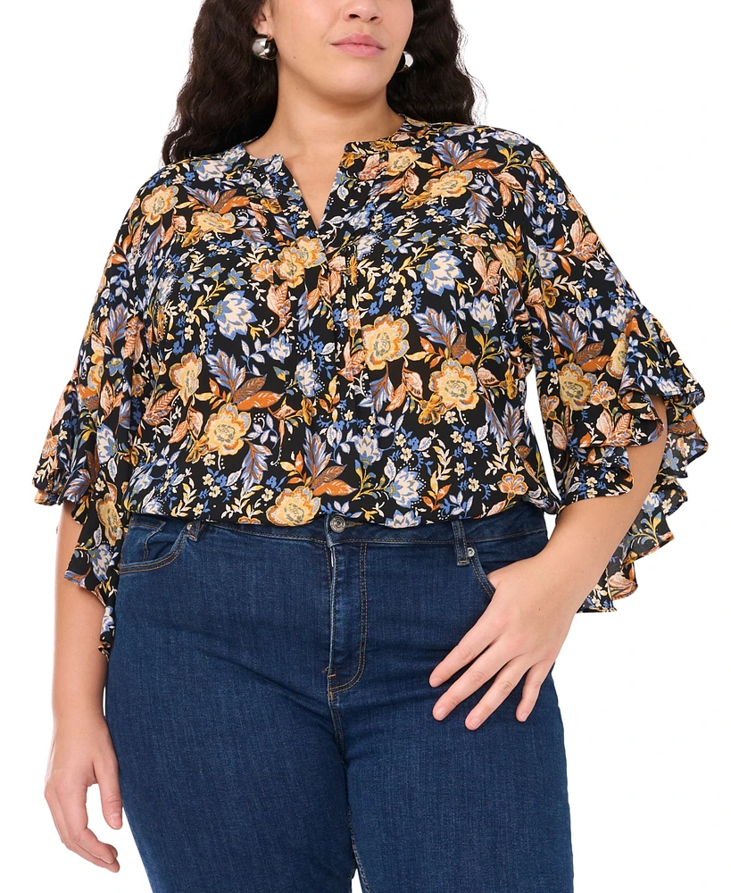 Vince Camuto Plus Floral Split-Neck Ruffle-Sleeve Top