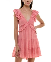 Trixxi Juniors' Clip-Dot Ruffled V-Neck Tiered Dress