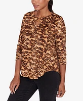 Ruby Rd. Petite Split Neck Printed Top with Ring Detail