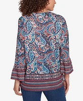 Ruby Rd. Petite Embellished Placket Paisley Print Slub Jersey Top