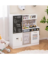 Gymax Play Kitchen Toy Set w/ Chalkboard Oven Sink Curtain Microwave Water Dispenser