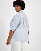 Charter Club Plus Linen Striped Button-Up Shirt, Exclusively at Macy's