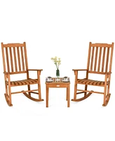 Sugift 3 Pieces Eucalyptus Rocking Chair Set with Coffee Table