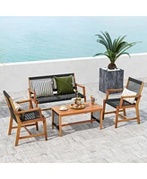 Sugift 4 Pieces Acacia Wood Patio Conversation Table and Chair Set with Hand Woven Rope